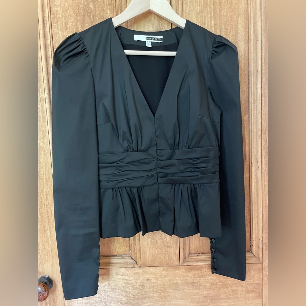 EUC Tracy Reese Black Structured Jacket Size Women’s 6 Pleated Ruched Formal